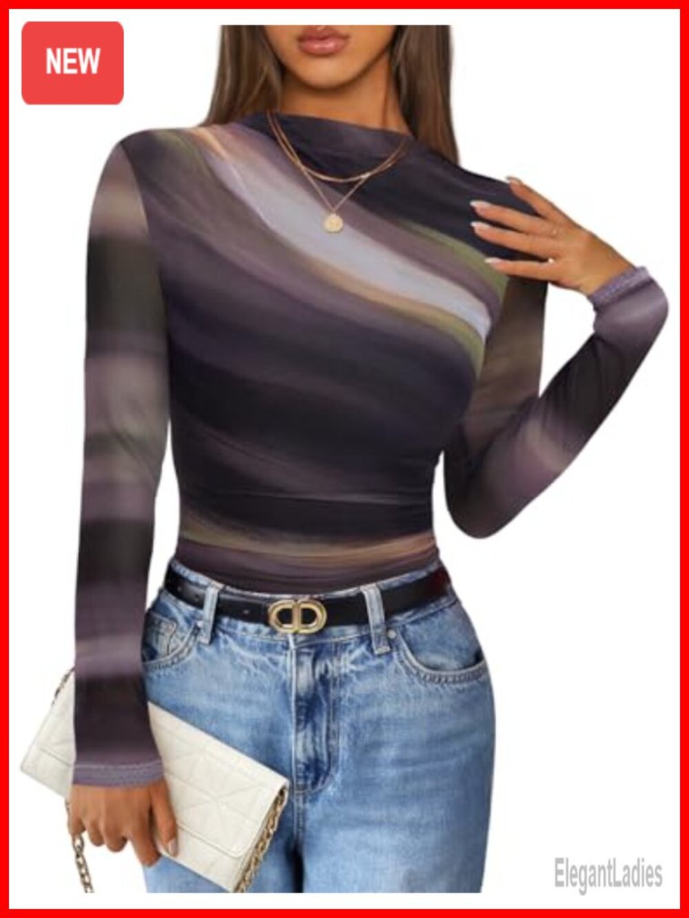 Womens Floral Mesh Long Sleeve Fitted Top Mock Neck Ruched Blouse